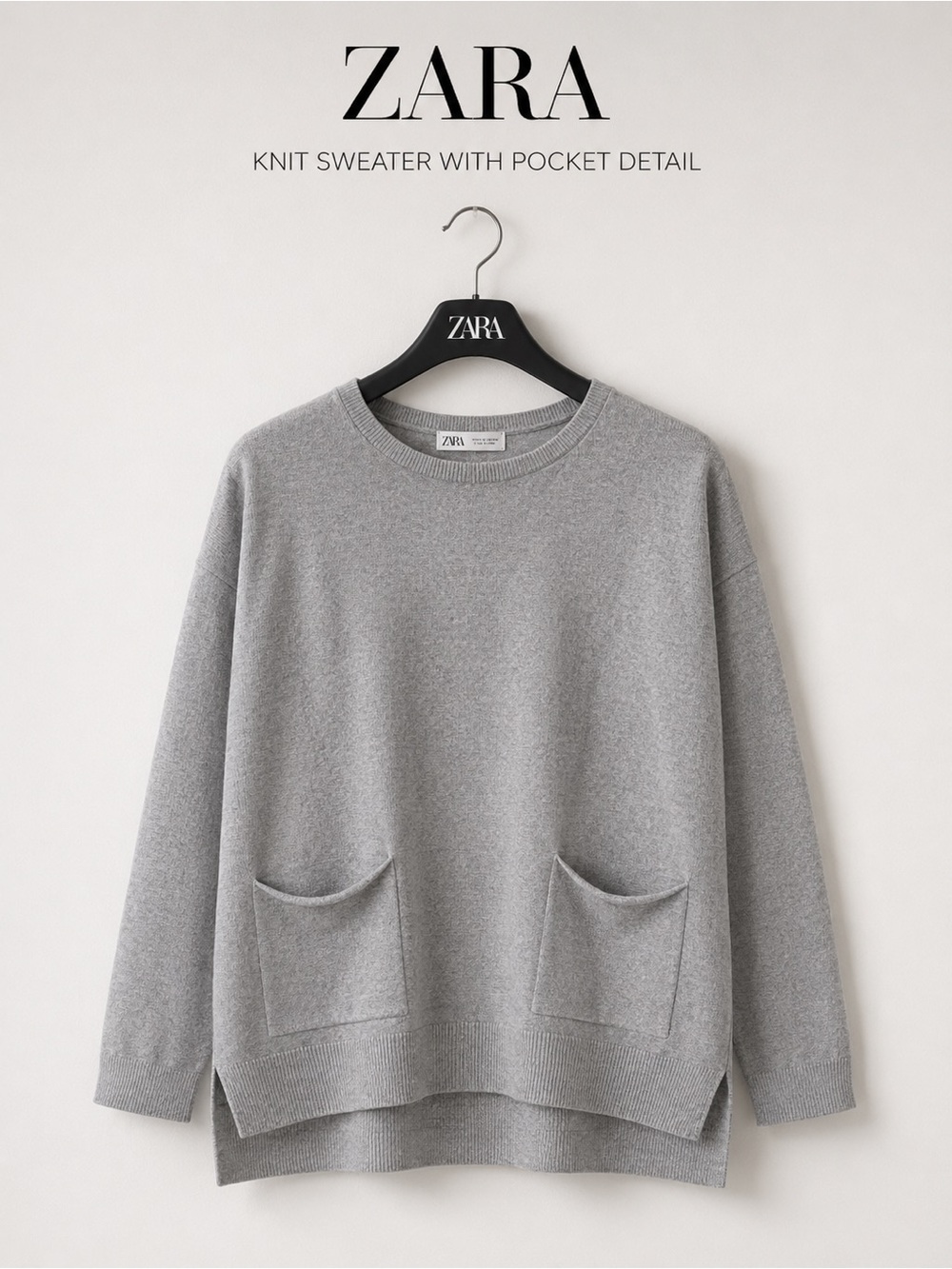 Zara Grey Knit Sweater with Pocket Detail - Size 9/10